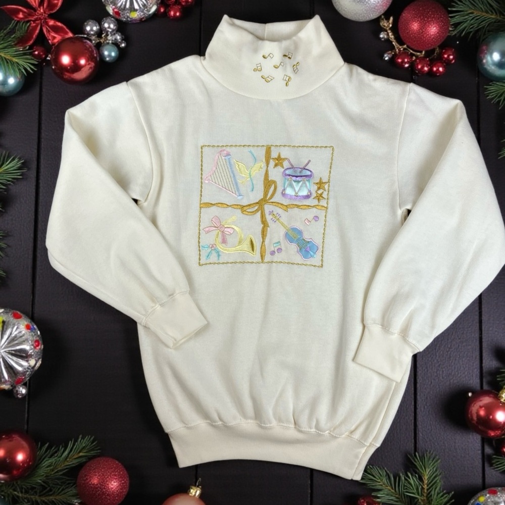 Vtg Christmas Turtleneck Sweater Women’s Large Musical Instruments Gift Cream